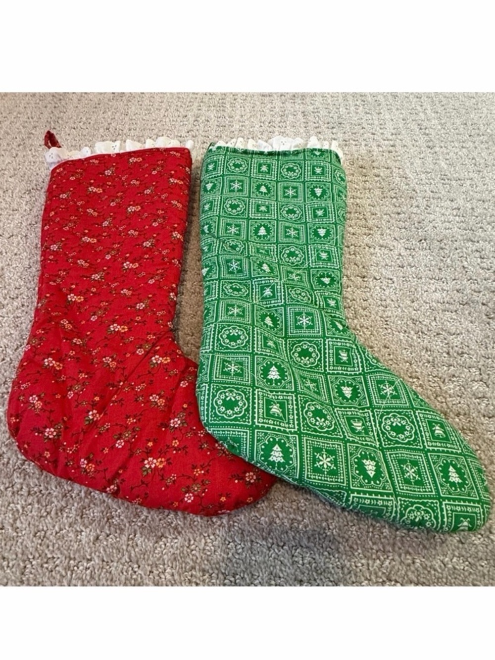 Handmade Red Green Christmas Stockings Cottage Retro Floral Tree Snowflake White